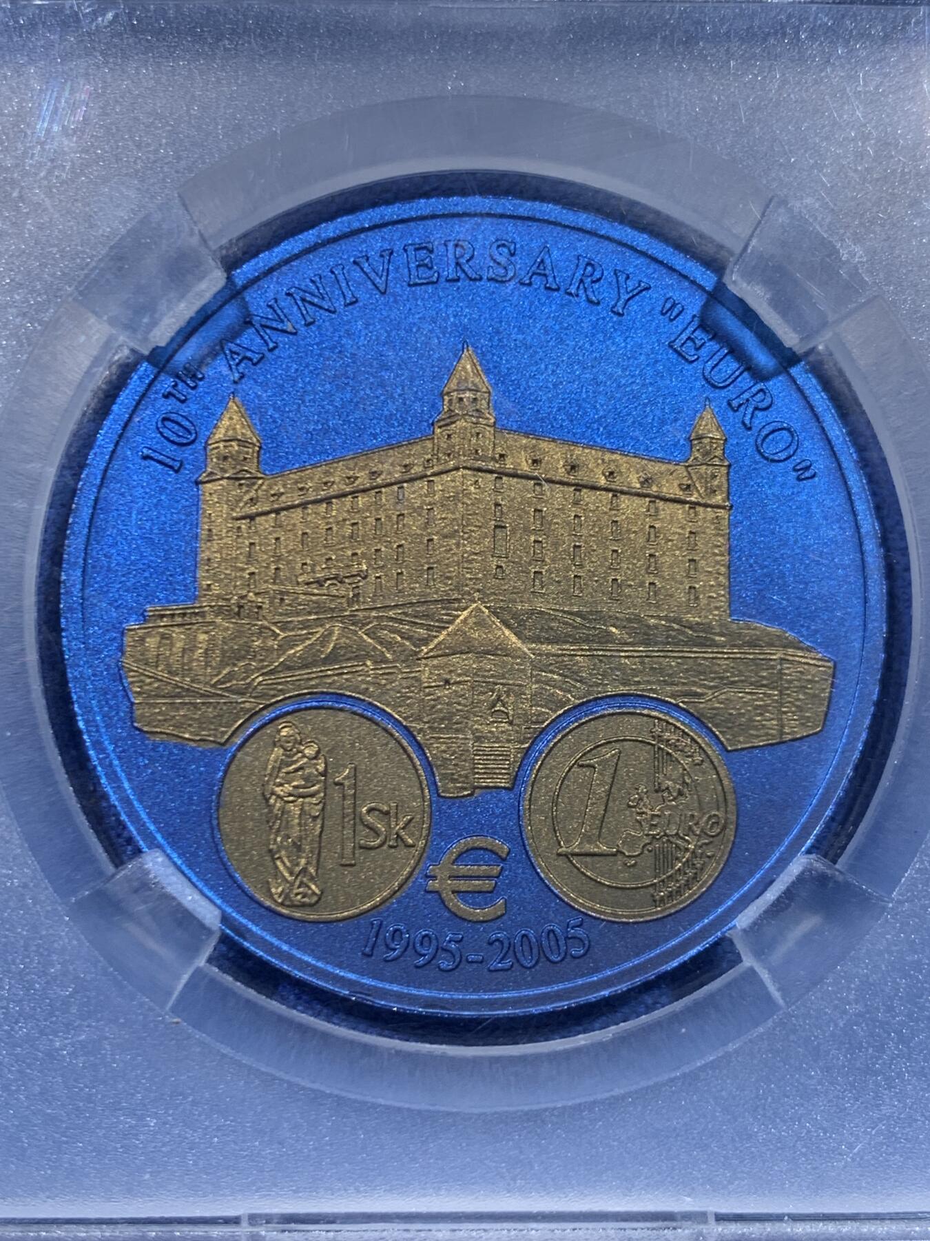 《竞宝斋》第447场 周日，周一，2场连拍 （全场包邮） TQG MS69 利比里亚2006年欧元10周年纪念-斯洛伐克5元蓝铌币 7.78克 发行量：1万