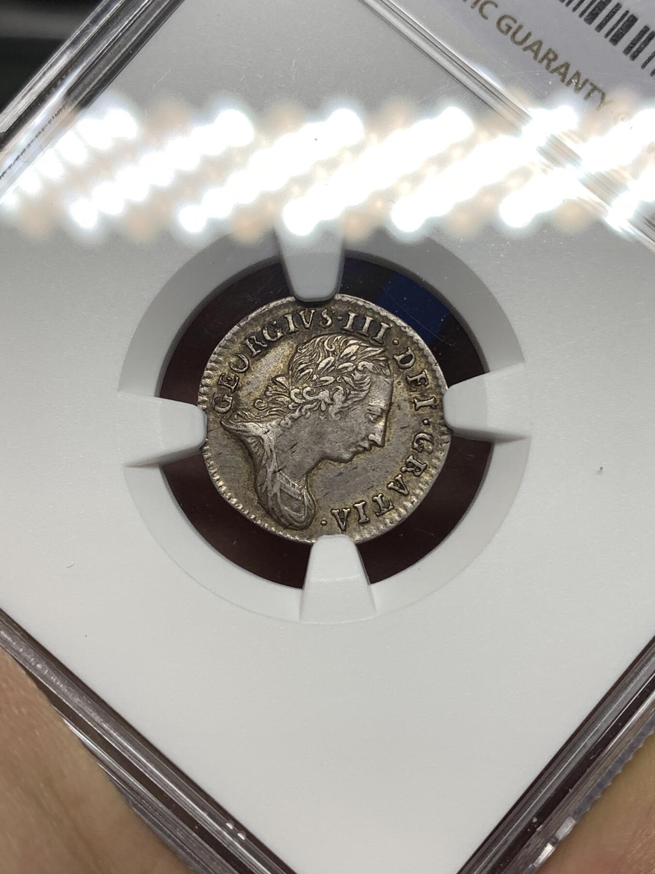 《竞宝斋》第447场 周日，周一，2场连拍 （全场包邮） NGC AU50 英国乔治三世1762年濯足三便士银币，乔治三世的最早一版濯足，细节好品，很少见的品种