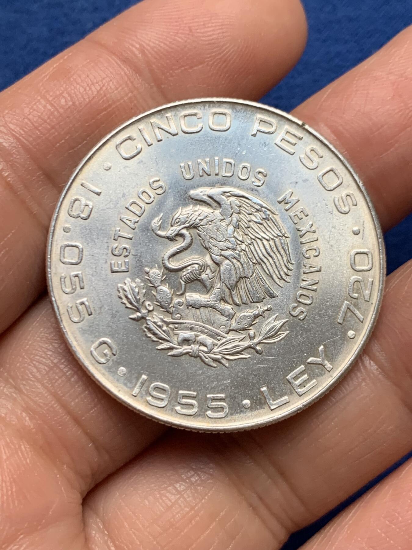 《竞宝斋》第447场 周日，周一，2场连拍 （全场包邮） 墨西哥1955年伊达尔戈5比索银币