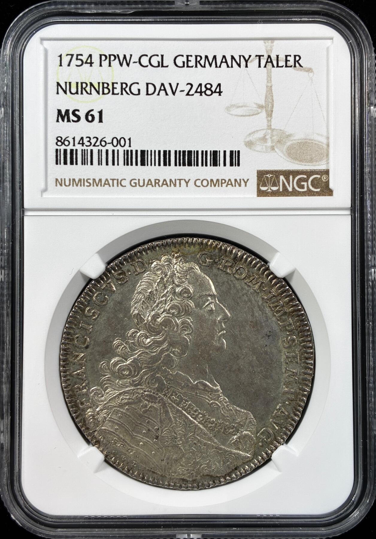 【雨安】【直播拍卖】【世界币章121期-评级币】2025-12-20 周六 19:30 保真 [评级德国] Germany 德国 德意志 1泰勒 Nurnberg纽伦堡 KM#0316 DAV-2484 (1754) 景观泰勒 1754年  NGC-MS61 原味淡美包浆 深打 细节一流 亚军分 更高分数仅1枚 大拍上极具想象空间的热门景观币