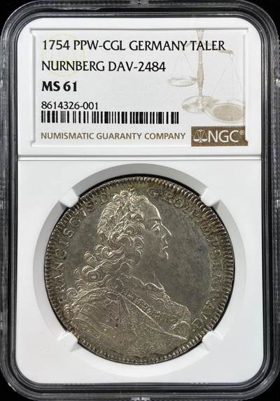 【雨安】【直播拍卖】【世界币章121期-评级币】2025-12-20 周六 19:30 保真 - [评级德国] Germany 德国 德意志 1泰勒 Nurnberg纽伦堡 KM#0316 DAV-2484 (1754) 景观泰勒 1754年  NGC-MS61 原味淡美包浆 深打 细节一流 亚军分 更高分数仅1枚 大拍上极具想象空间的热门景观币