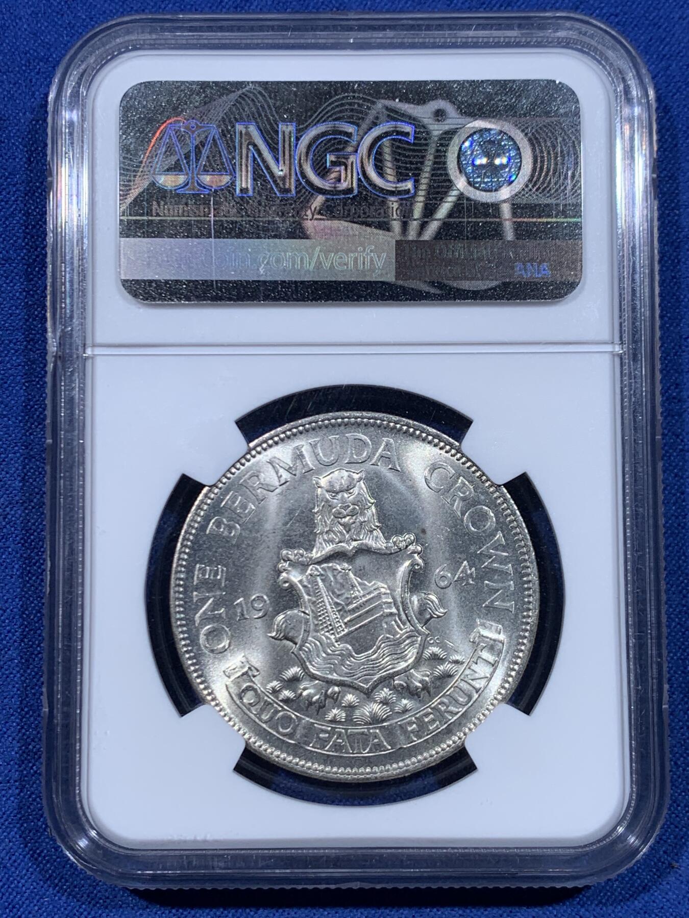 《竞宝斋》第447场 周日，周一，2场连拍 （全场包邮） NGC MS64 英属百慕大1964年伊丽莎白二世1克朗大银币