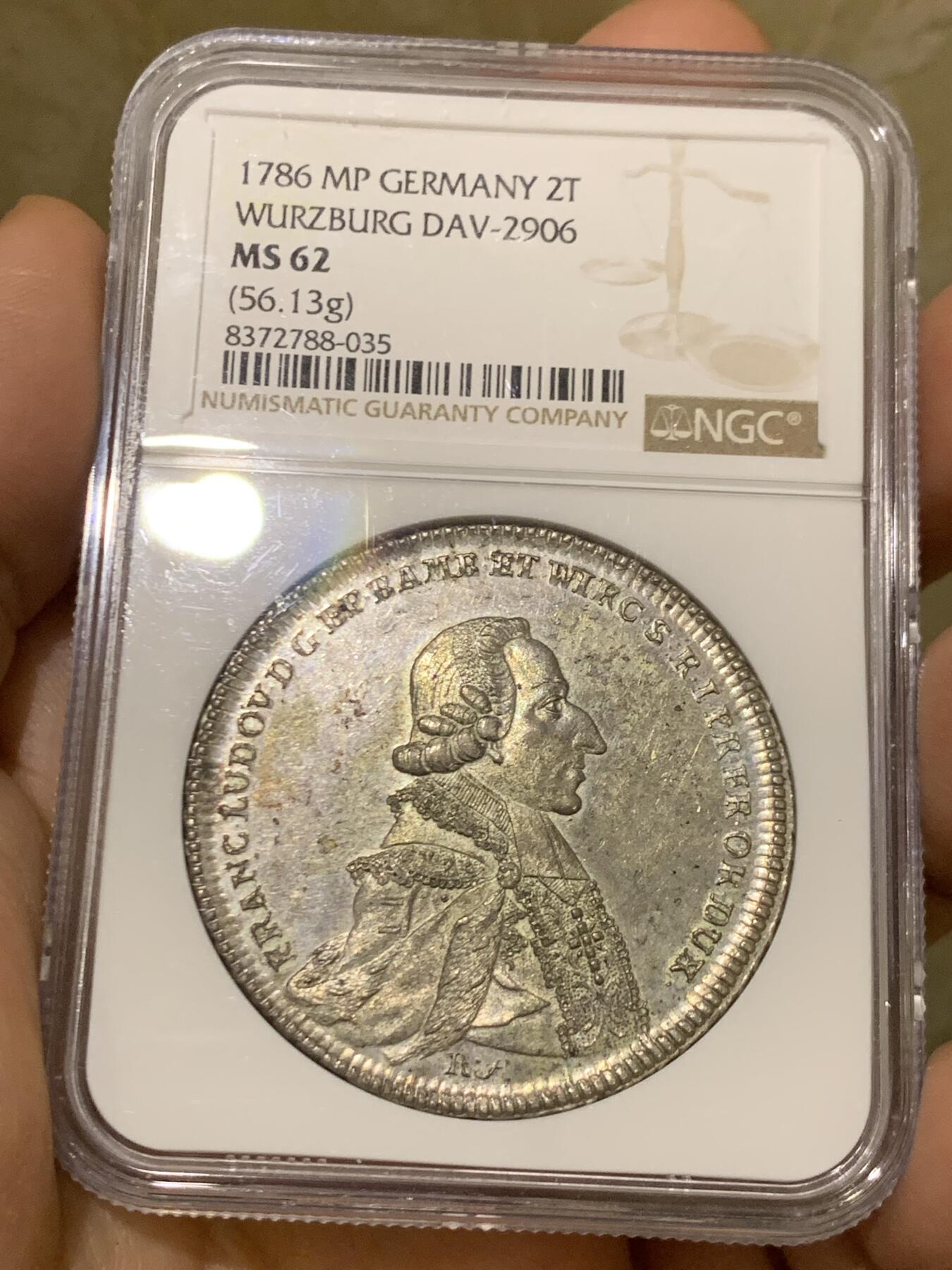 《竞宝斋》第447场 周日，周一，2场连拍 （全场包邮） NGC MS62 德国 1786年 维尔茨堡主教区  2泰勒大银币 56.13克 双倍的享受 包浆自然 小天使鼻尖清晰 非常稀少的品种 具体细节状态见图