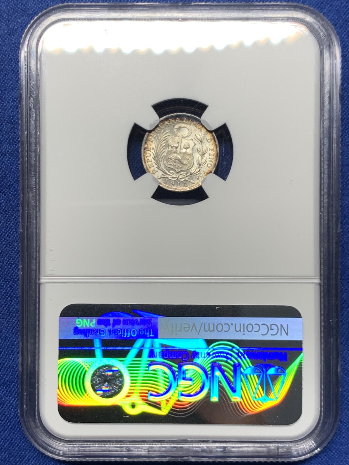 《竞宝斋》第447场 周日，周一，2场连拍 （全场包邮） NGC MS63 秘鲁1911年1/2蒂娜罗银币，早期年份，镜面感加深蓝月牙彩，宝石般的感觉