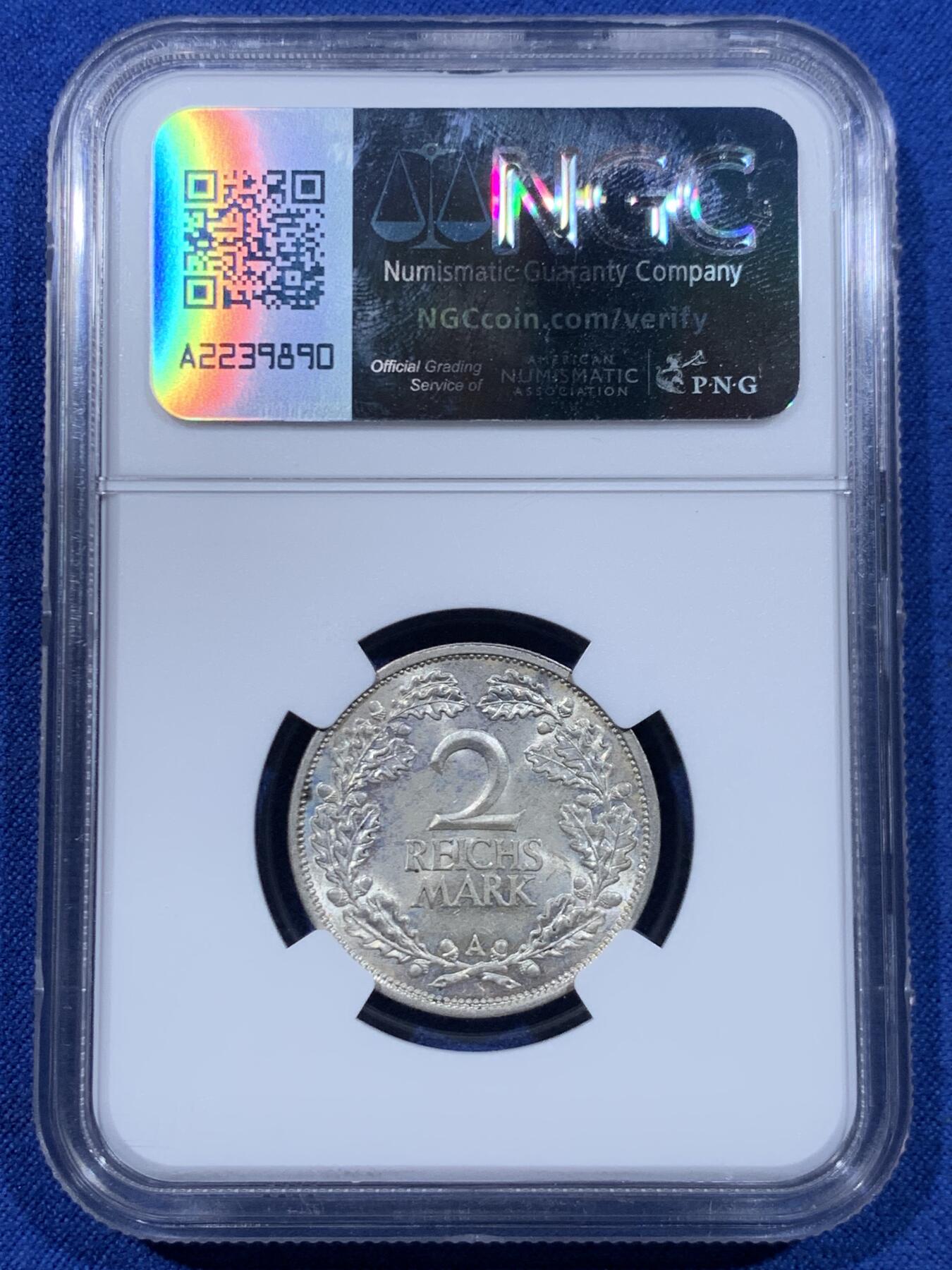 《竞宝斋》第447场 周日，周一，2场连拍 （全场包邮） NGC MS63 德国 1926年 魏玛共和国2马克 银币