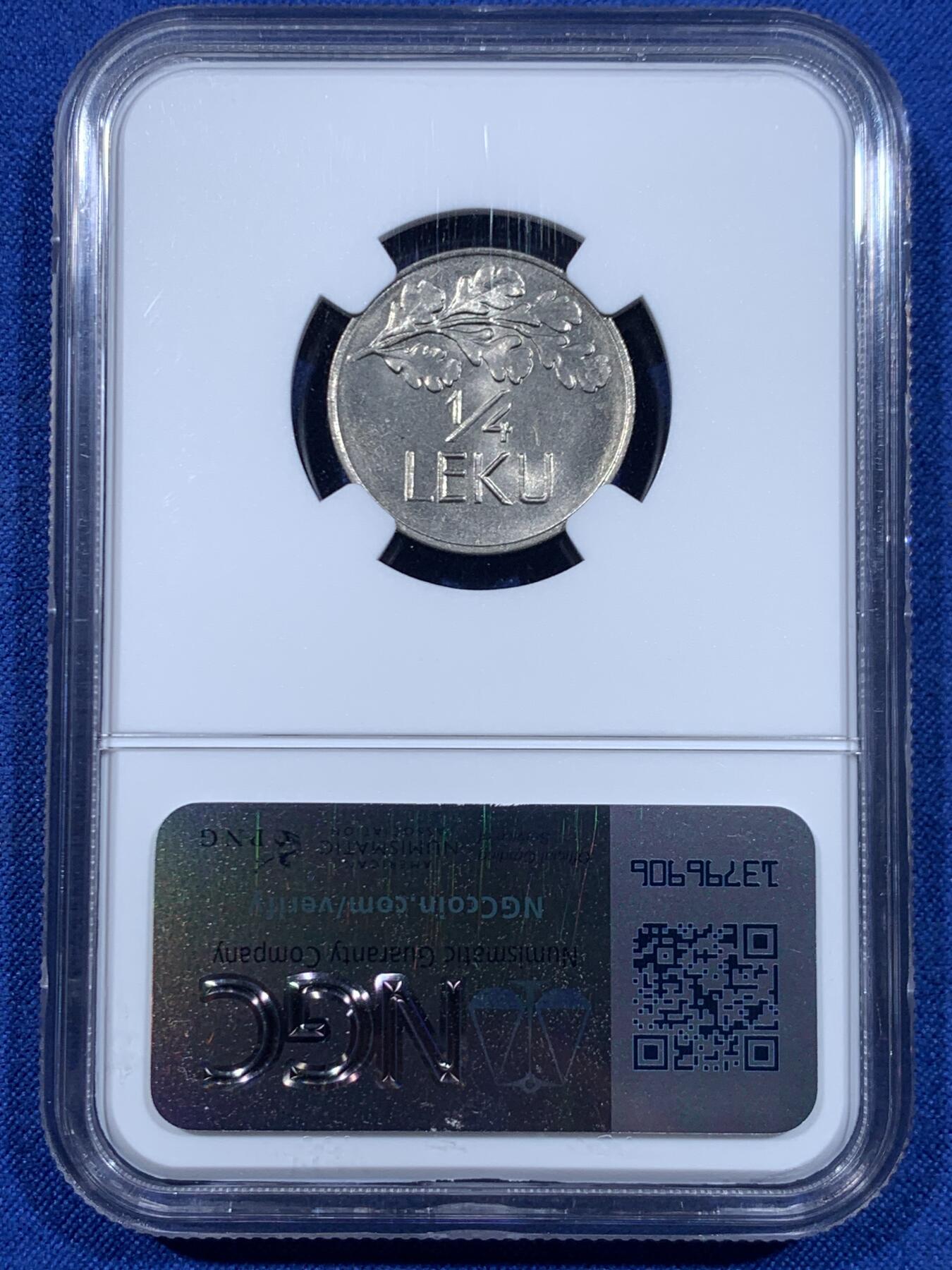 《竞宝斋》第447场 周日，周一，2场连拍 （全场包邮） NGC MS64 阿尔巴尼亚 1927年 1/4列克 辅币这个状态不易