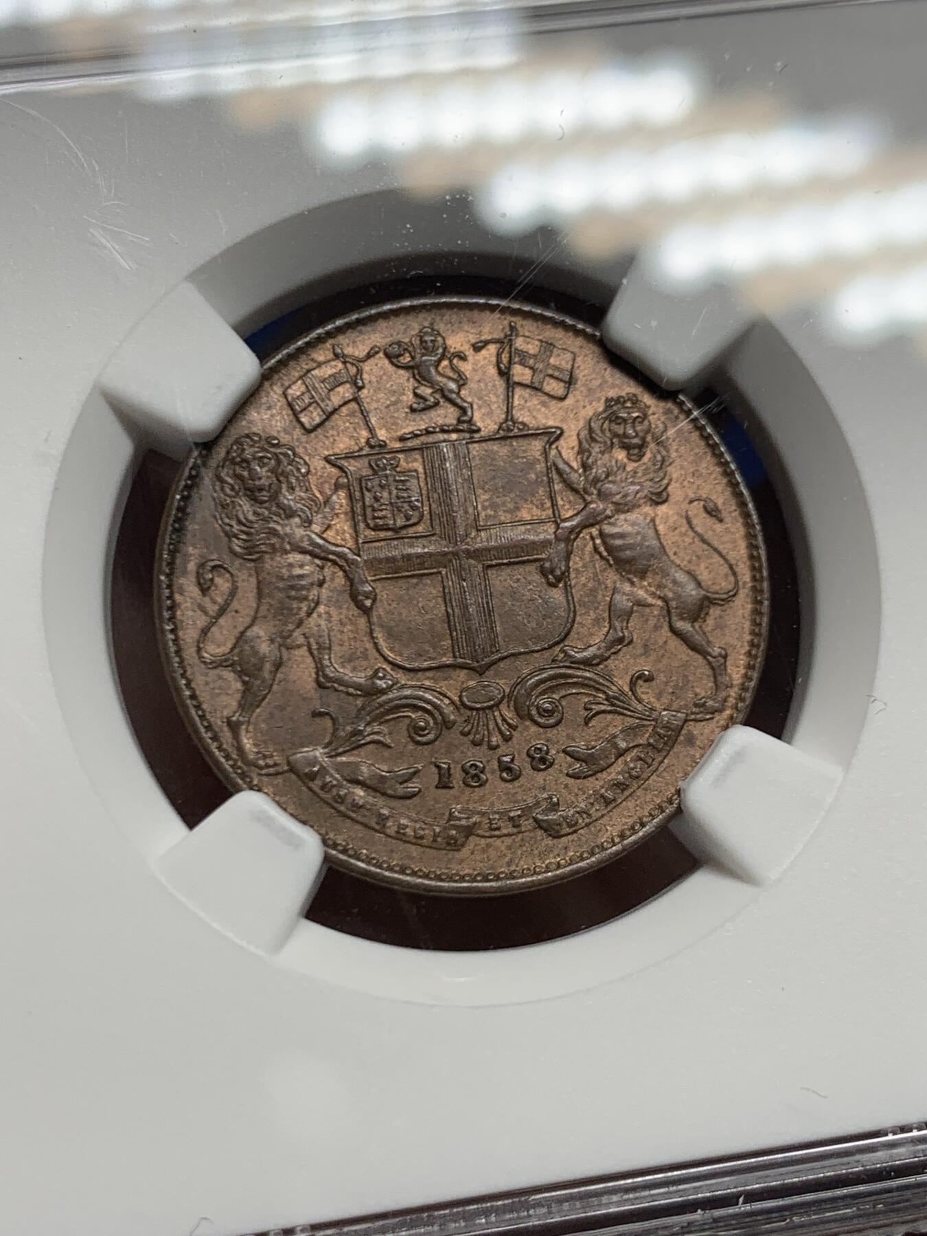 《竞宝斋》第447场 周日，周一，2场连拍 （全场包邮） NGC MS64BN 1858年英属东印度公司1/4安娜，华丽双狮徽章，经典品种，铜光充沛，收藏级品质，今年竞宝斋10.20一枚同分782元成交不含佣金