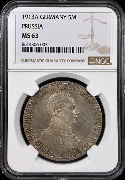 【雨安】【直播拍卖】【世界币章121期-评级币】2025-12-20 周六 19:30 保真 - [评级德国] Germany 德国 帝国 J.114 普鲁士 5马克 (1913-1914) 军装 1913年  NGC-MS63