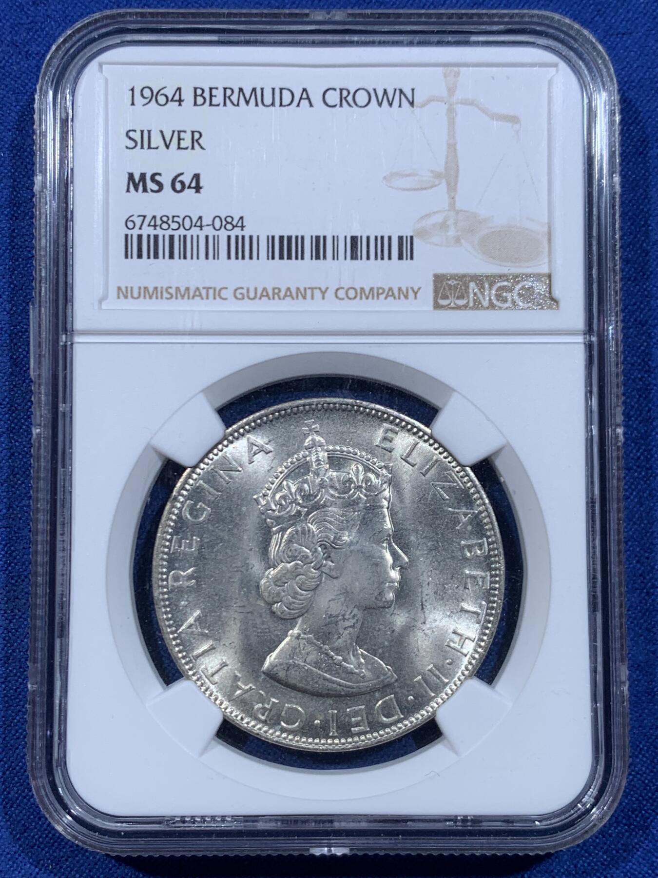 《竞宝斋》第447场 周日，周一，2场连拍 （全场包邮） NGC MS64 英属百慕大1964年伊丽莎白二世1克朗大银币