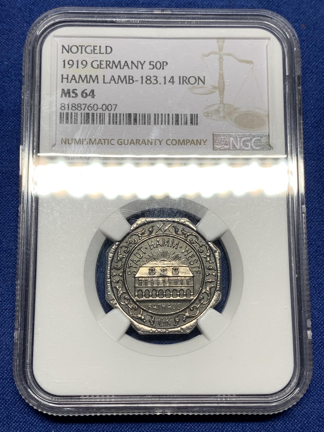 《竞宝斋》第447场 周日，周一，2场连拍 （全场包邮） NGC MS64 德国哈姆 1919年 50芬尼 市政厅 铁币