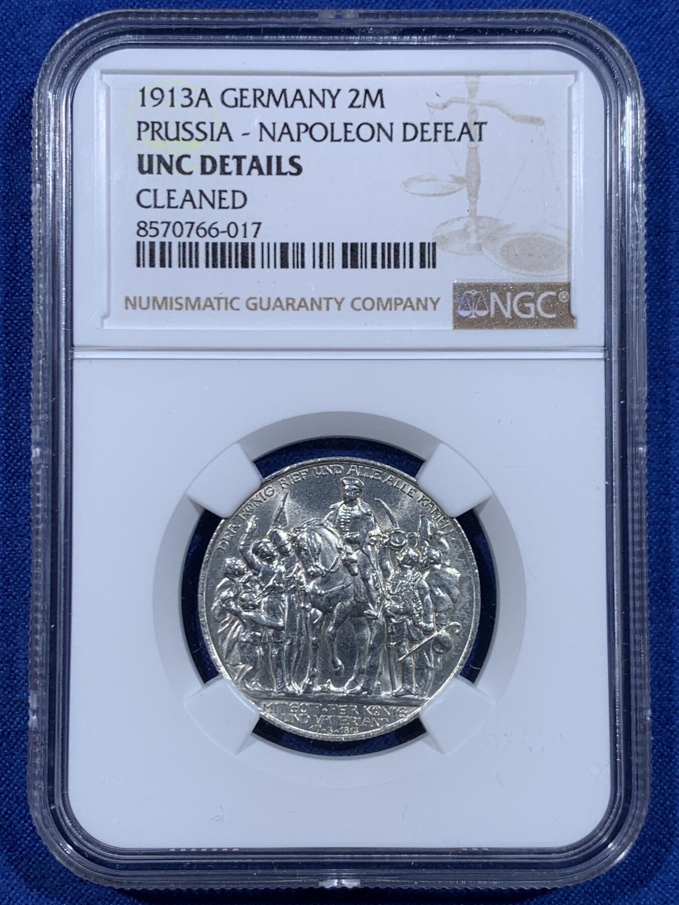 《竞宝斋》第447场 周日，周一，2场连拍 （全场包邮） NGC UNCD 德国 1913A 普鲁士击败拿破仑2马克银币 疑似错杀