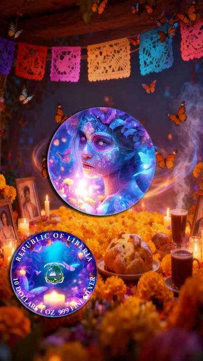 利比里亚2026年梦幻世界系列4亡灵节女神1盎司超大尺寸120毫米双面彩色纪念银币