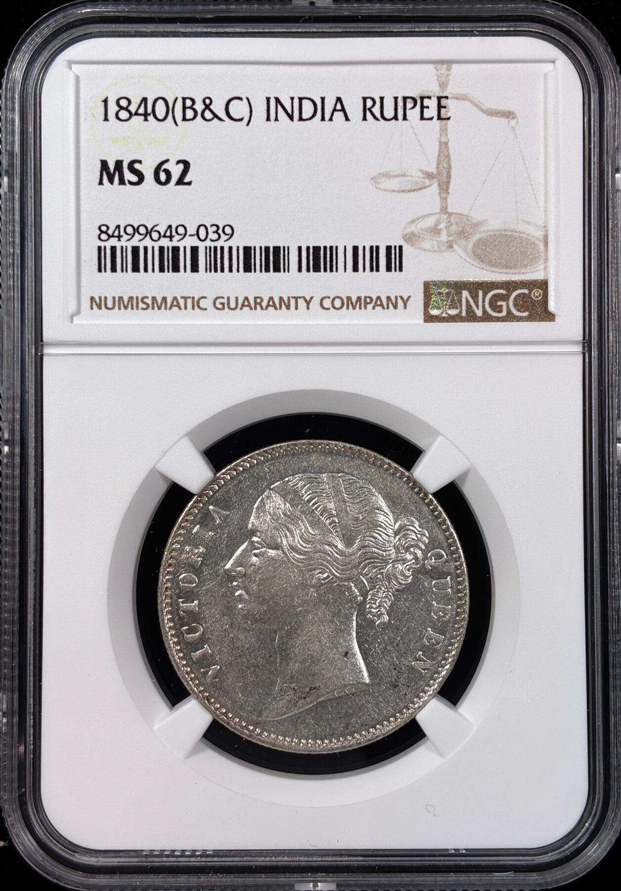 【雨安】【直播拍卖】【世界币章121期-评级币】2025-12-20 周六 19:30 保真 [评级亚洲] India 英属印度 1卢比 KM#0458 1840年 维多利亚  NGC-MS62