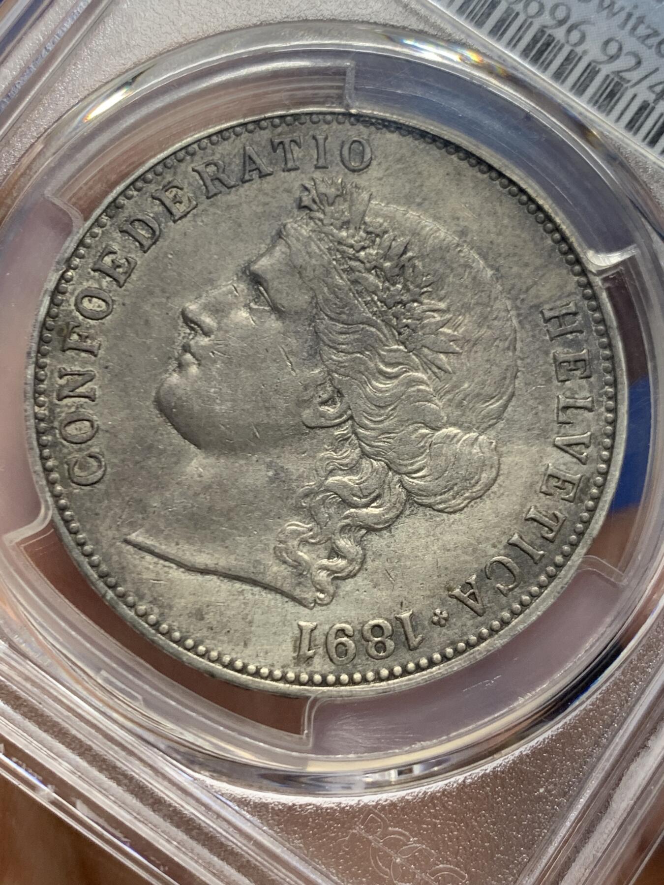 《竞宝斋》第447场 周日，周一，2场连拍 （全场包邮） PCGS AUD 瑞士 1891年-B版 5法郎 银币 较为稀缺的年份 正面雪山女神头像 自然包浆 细节一流 热门品种