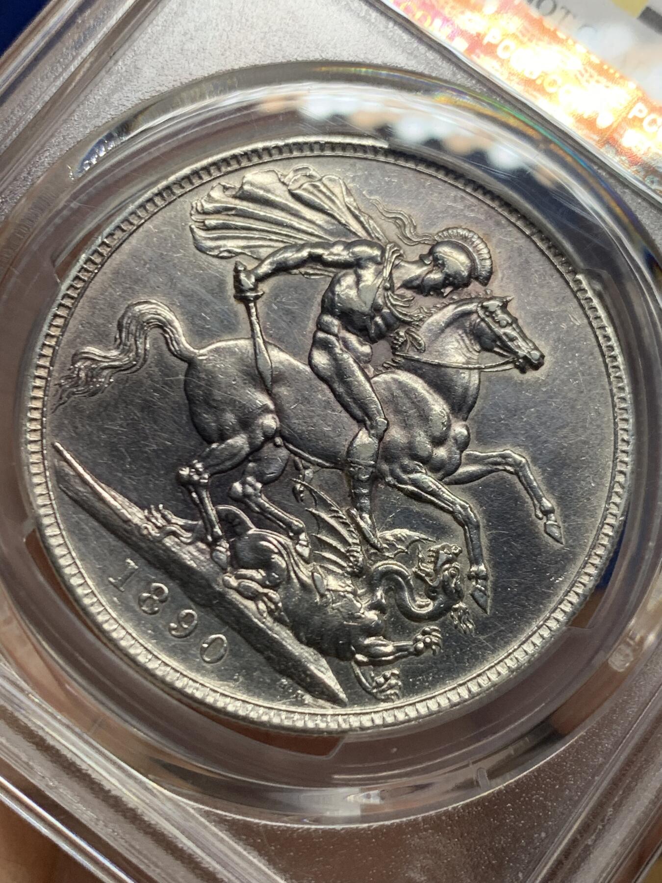 《竞宝斋》第447场 周日，周一，2场连拍 （全场包邮） PCGS AUD 英国1890年维多利亚高冠马剑银币