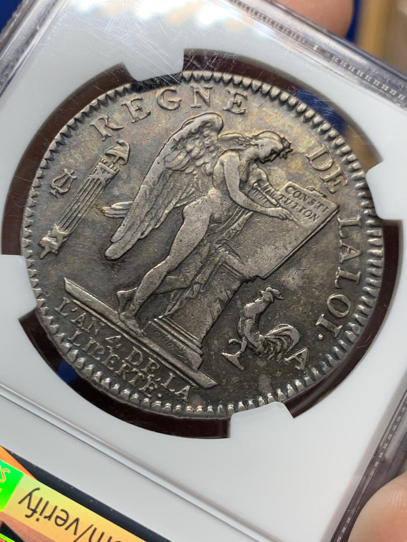 《竞宝斋》第447场 周日，周一，2场连拍 （全场包邮） NGC XF40 法国1792年路易十六天使版埃居大银币，原味包浆 双面深打 图案清晰 减重痕极少