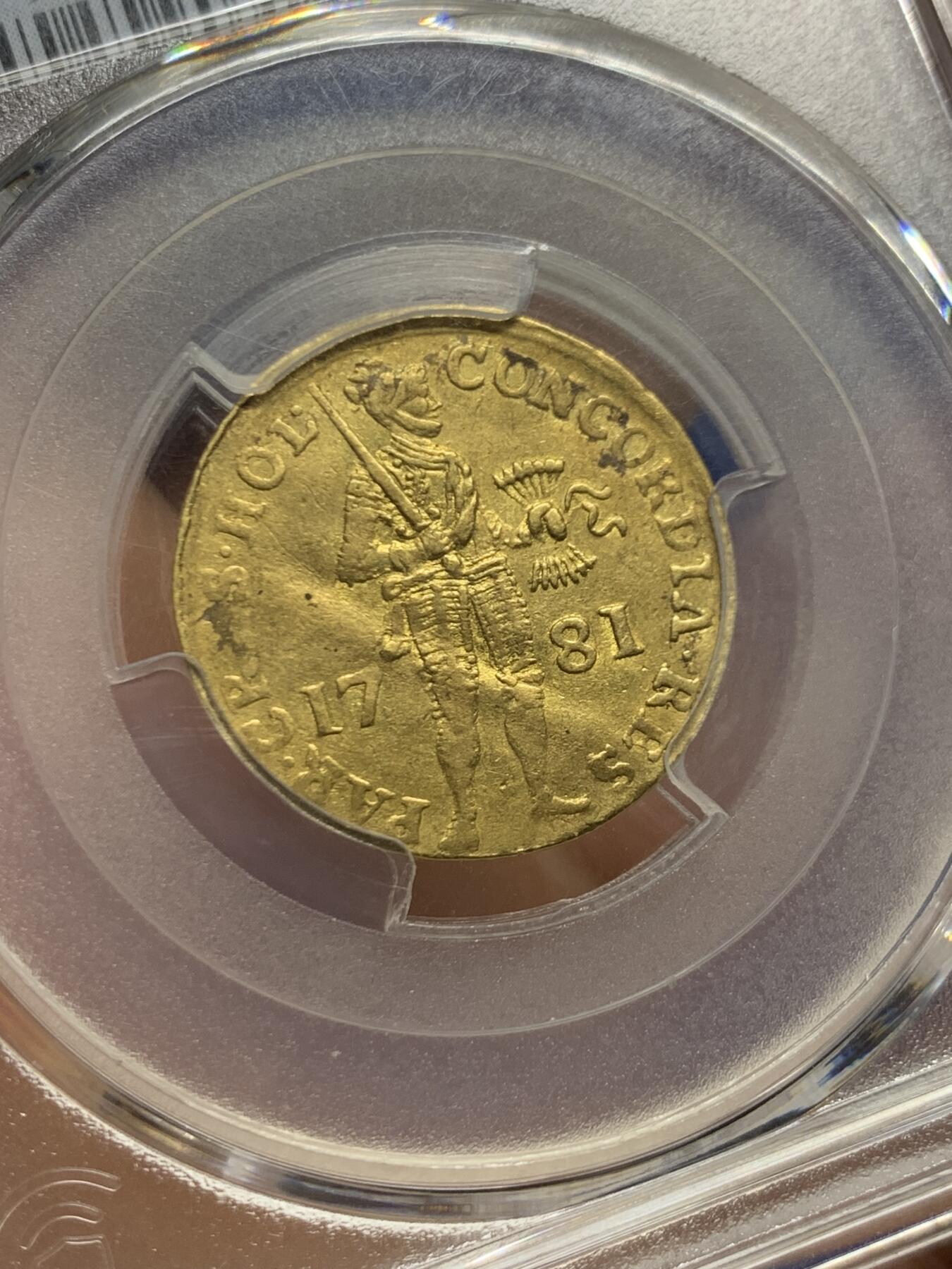 《竞宝斋》第447场 周日，周一，2场连拍 （全场包邮） PCGS AU58 荷兰武士1781年金币 986金，3.49克，非常稀有的品种，季军分，更高分仅两枚！