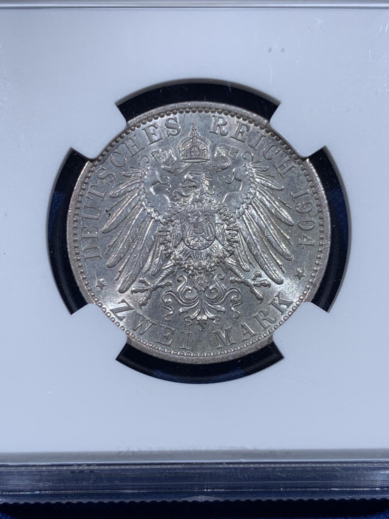 《竞宝斋》第447场 周日，周一，2场连拍 （全场包邮） NGC UNCD 德国 1904年 威廉二世皇帝 2马克 银币