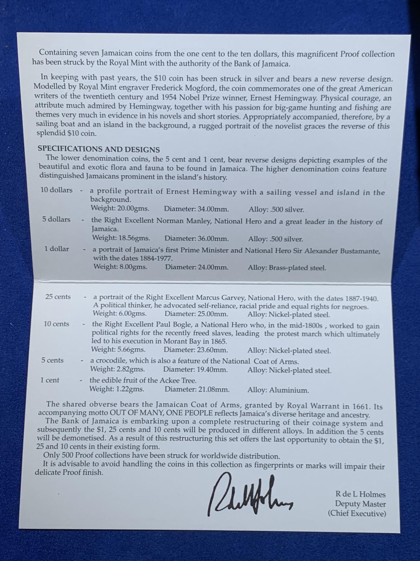 《竞宝斋》第447场 周日，周一，2场连拍 （全场包邮） 牙买加1994年 精制套币 英国皇家造币厂出品 包含10元精制纪念币（20g 34mm 50%银） 5元精制币（18.56g 36mm 50%银） 盒证齐全，品相好，盒装，发行仅500套，细节见图。