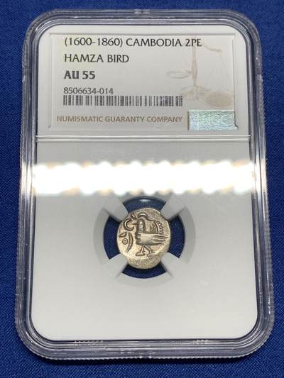 《竞宝斋》第447场 周日，周一，2场连拍 （全场包邮） - NGC AU55 柬埔寨 1600-1860 小鸟 2PE 银币 东南亚经典品种