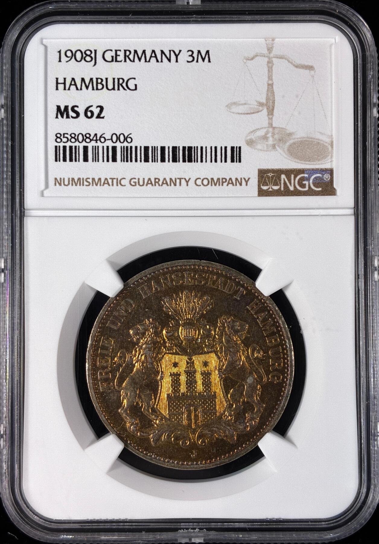 【雨安】【直播拍卖】【世界币章121期-评级币】2025-12-20 周六 19:30 保真 [评级德国] Germany 德国 帝国 汉堡 3马克 1908年  NGC-MS62 五彩黄金包浆