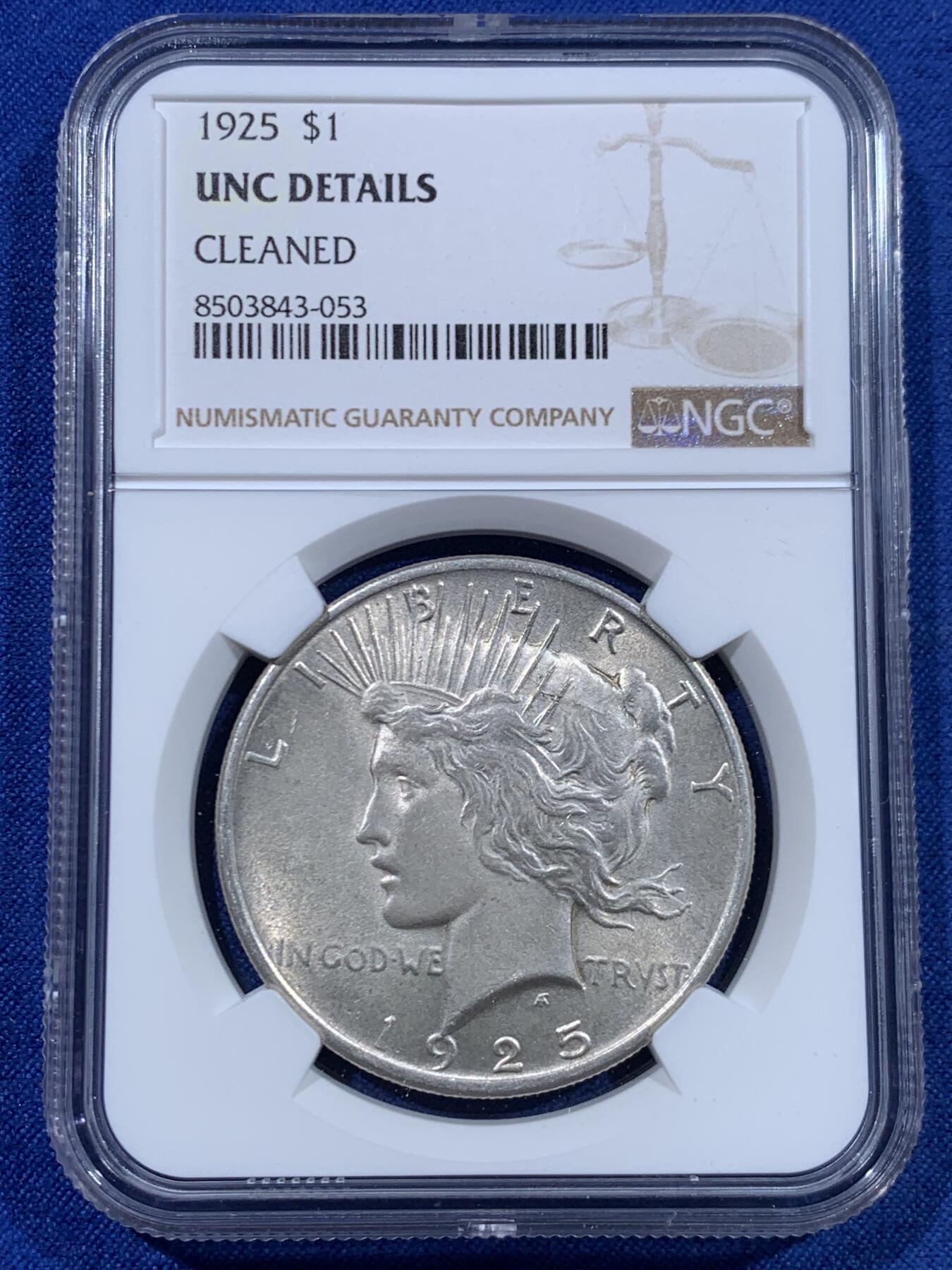 《竞宝斋》第447场 周日，周一，2场连拍 （全场包邮） NGC UNCD 美国1925年和平女神1美元大银币 少见年份 底板状态不错 深打 性价比之选