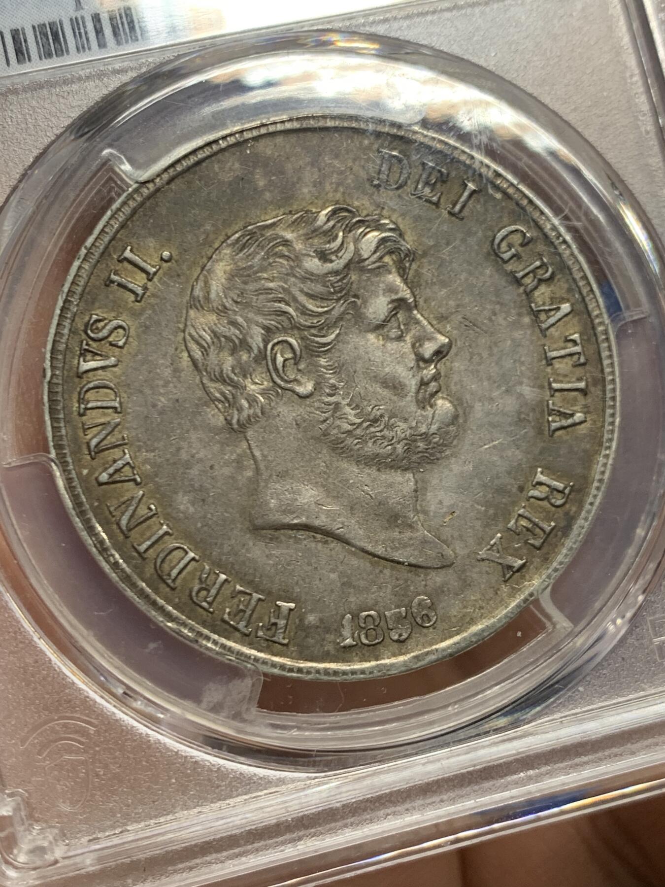 《竞宝斋》第447场 周日，周一，2场连拍 （全场包邮） PCGS AU55 意大利1856年 那不勒斯西西里120G银币