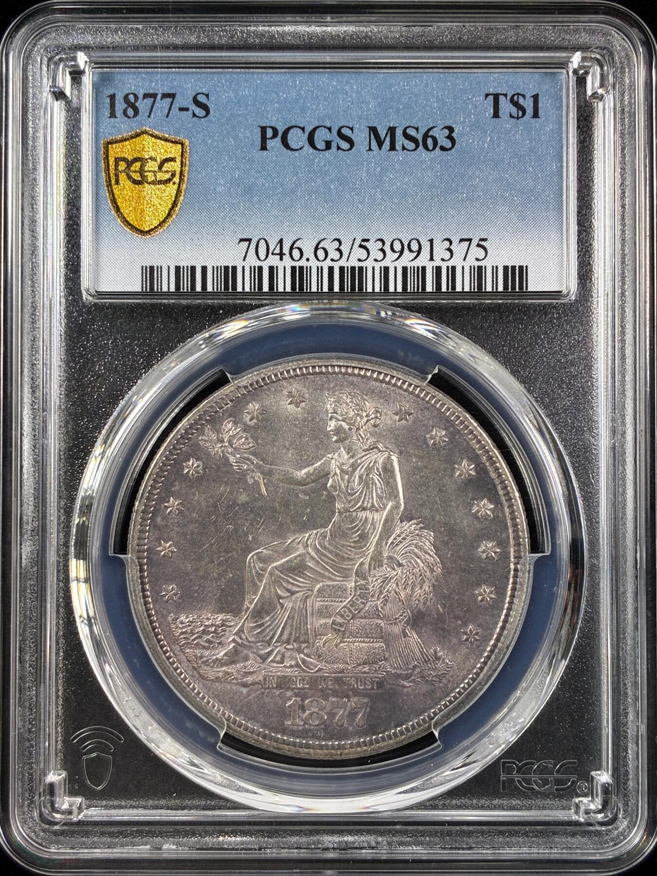 【雨安】【直播拍卖】【世界币章121期-评级币】2025-12-20 周六 19:30 保真 [评级美洲] USA 美国 1美元 KM#0108 (1873-1885) 拿花 1877年S  PCGS-MS63 原味淡彩包浆