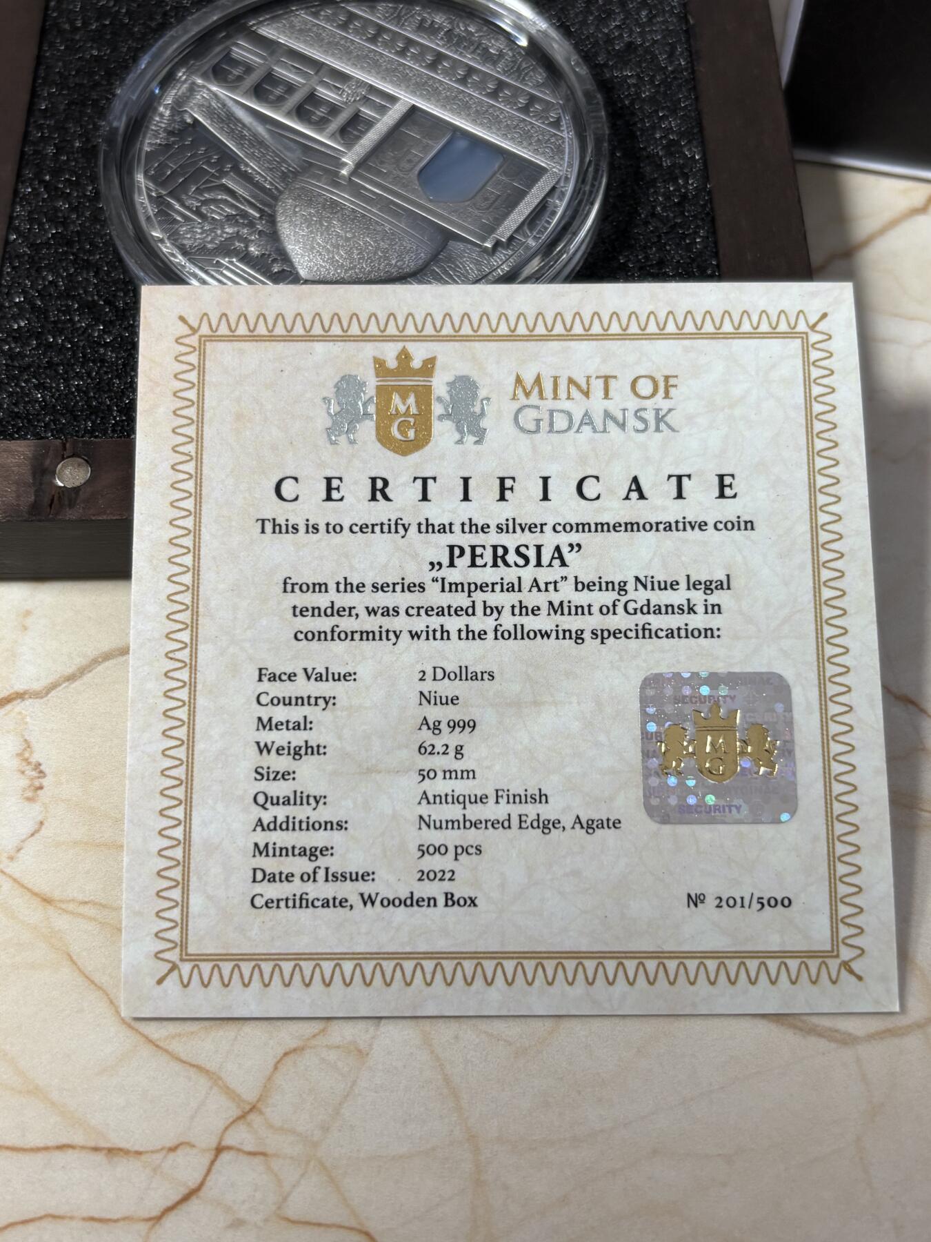 第186期拍卖 纽埃2022年古文明系列波斯文明2盎司纪念银币，999银，发行500枚