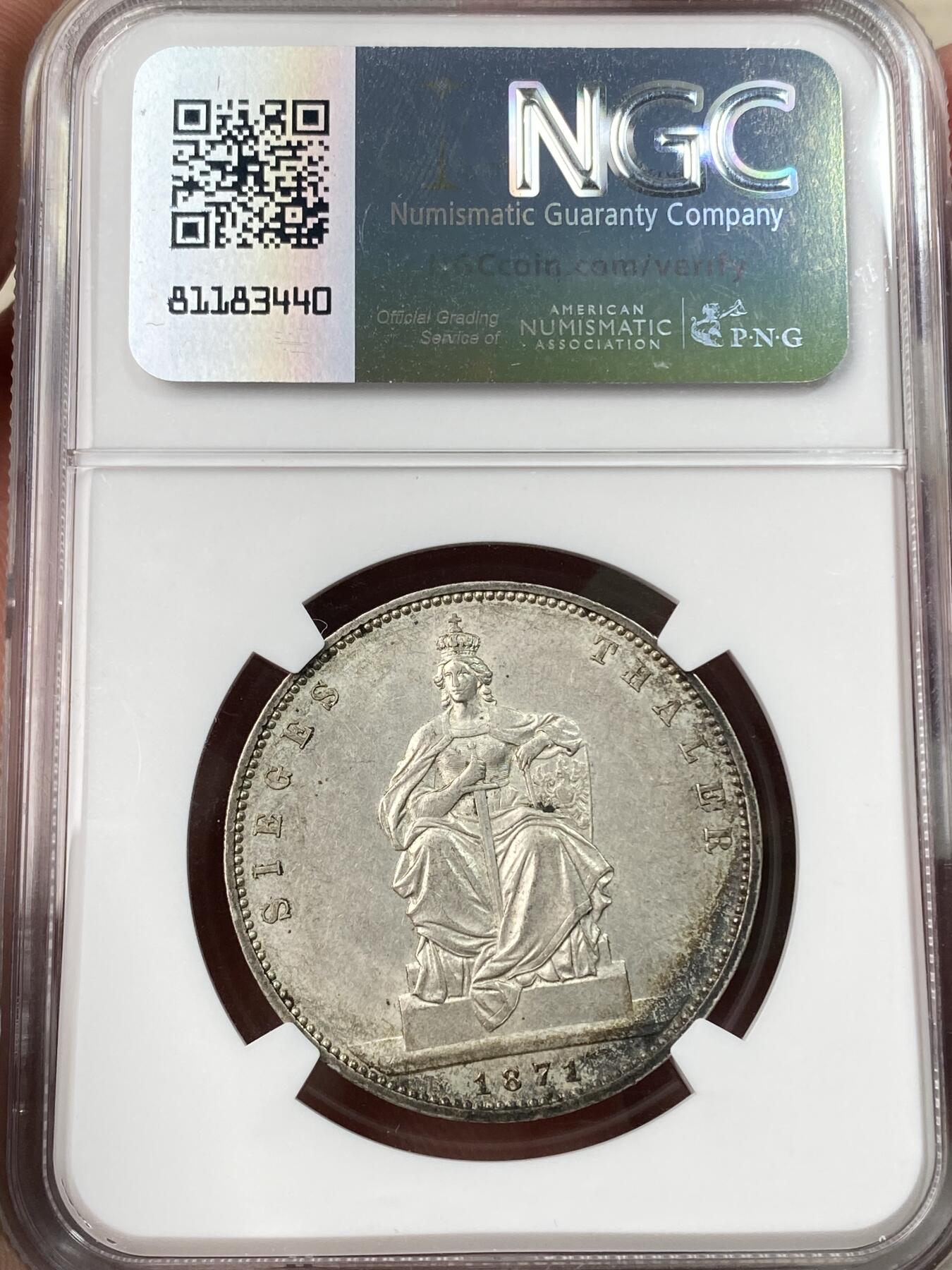 万国钱币拍卖第057期（万国冬季大拍） NGC MS62 1871年普鲁士威廉一世普法胜利泰勒 经典女武神 高浮雕质感五官清晰 银霜转光环月牙彩非常漂亮