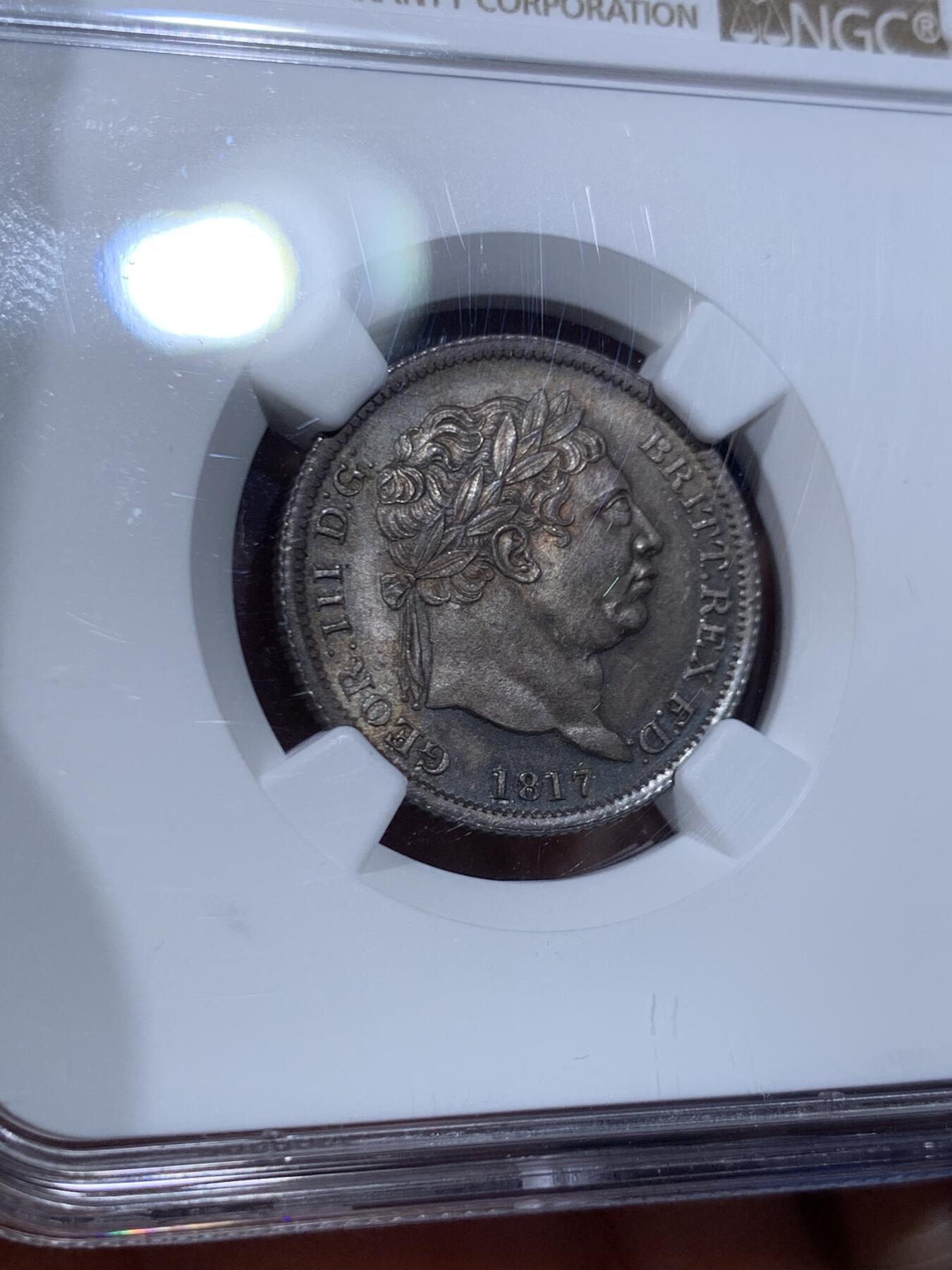 《竞宝斋》第447场 周日，周一，2场连拍 （全场包邮） NGC MS65 英国1817年乔治三世1先令银币 双面深彩包浆 高点保存得很好