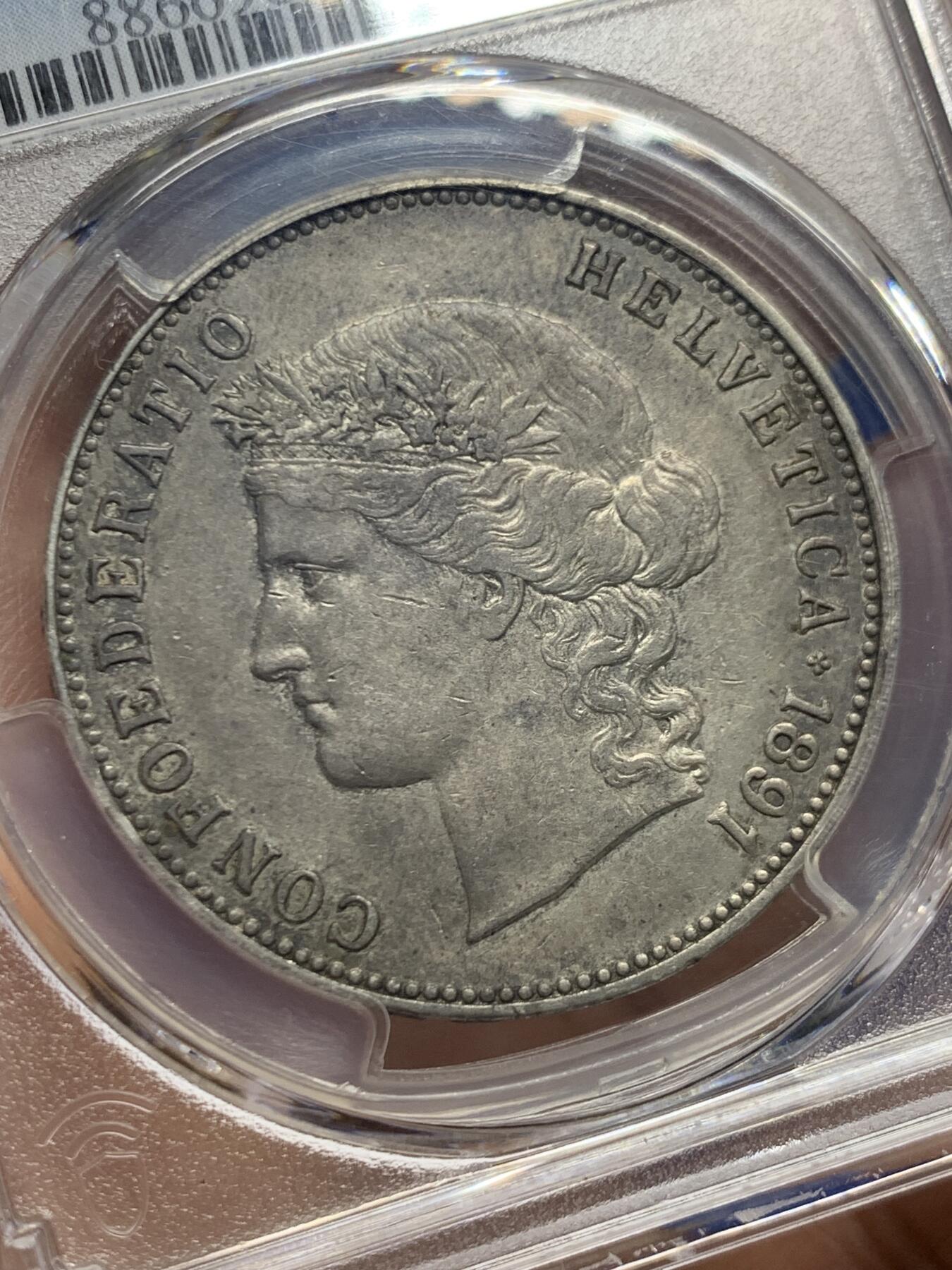 《竞宝斋》第447场 周日，周一，2场连拍 （全场包邮） PCGS AUD 瑞士 1891年-B版 5法郎 银币 较为稀缺的年份 正面雪山女神头像 自然包浆 细节一流 热门品种