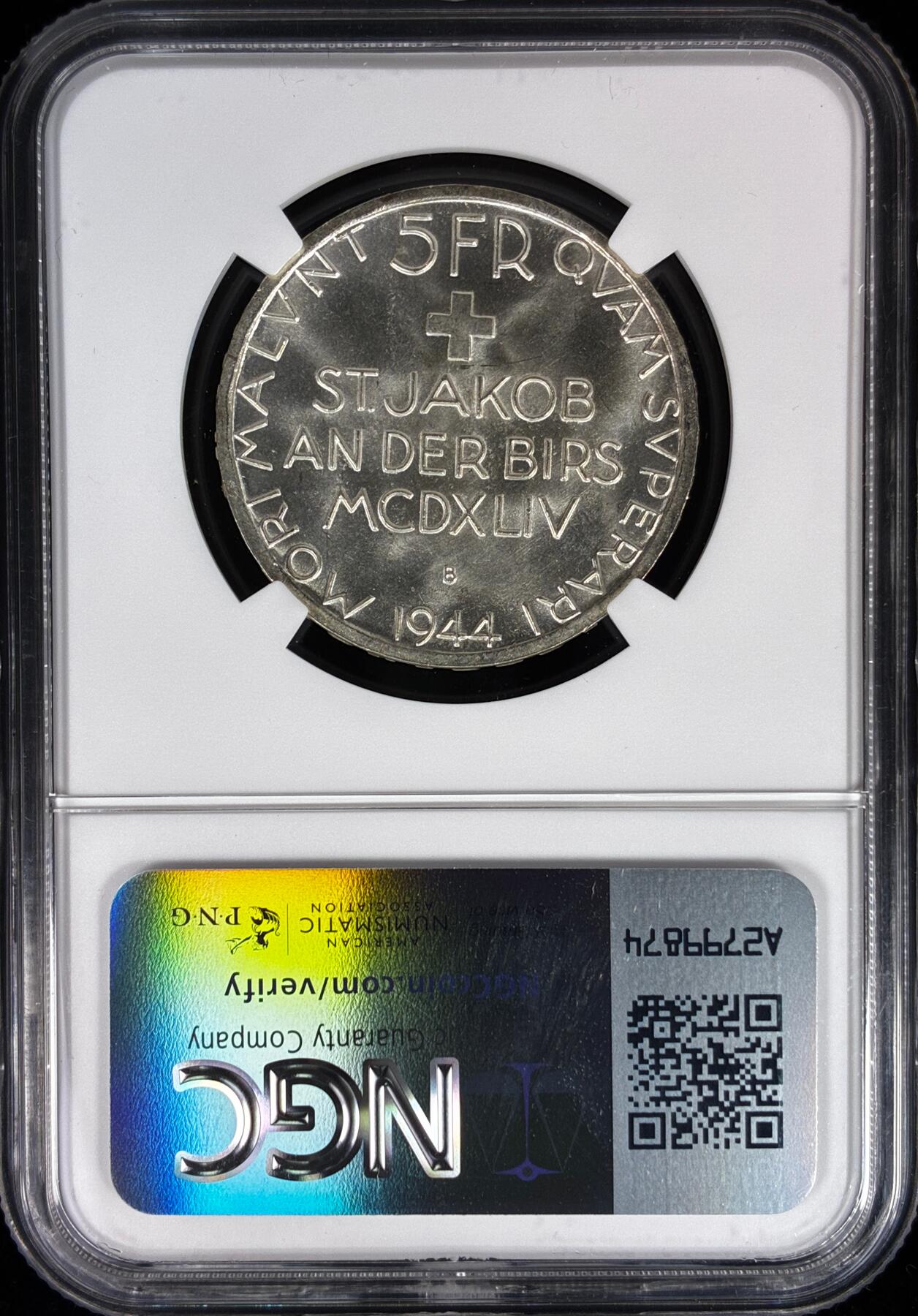 【雨安】【直播拍卖】【世界币章121期-评级币】2025-12-20 周六 19:30 保真 [评级欧洲] Switzerland 瑞士 5法郎 1944年 圣雅各布比尔斯战役 KM# 45  NGC-MS66