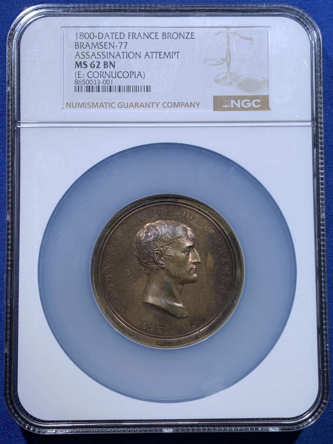 《竞宝斋》第447场 周日，周一，2场连拍 （全场包邮） NGC MS62BN 法国1800年拿破仑纪念阿尔卑斯山共和国复辟大铜章，冠军分，巴黎造币厂原铸60毫米超大型铜章，非常稀少的品种。加大加厚盒
