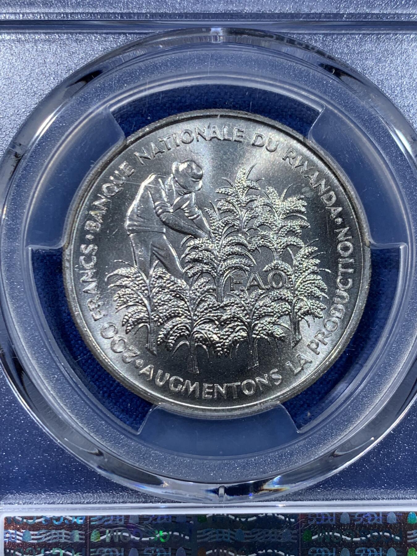 《竞宝斋》第447场 周日，周一，2场连拍 （全场包邮） PCGS MS65 卢旺达1972年FAO粮农组织200法郎纪念银币