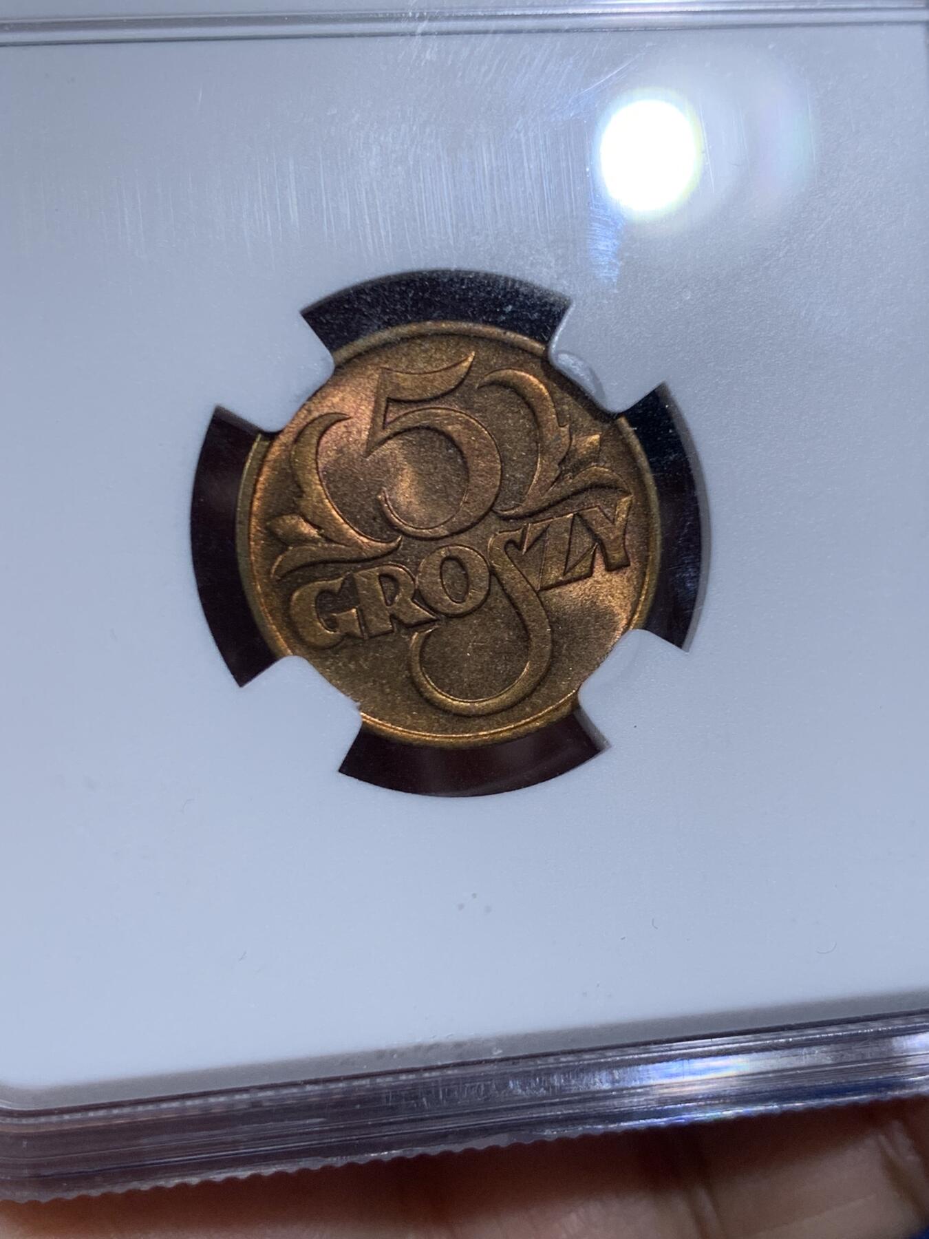 《竞宝斋》第447场 周日，周一，2场连拍 （全场包邮） NGC MS64 波兰1923年5格罗申黄铜币 高分铜光充沛