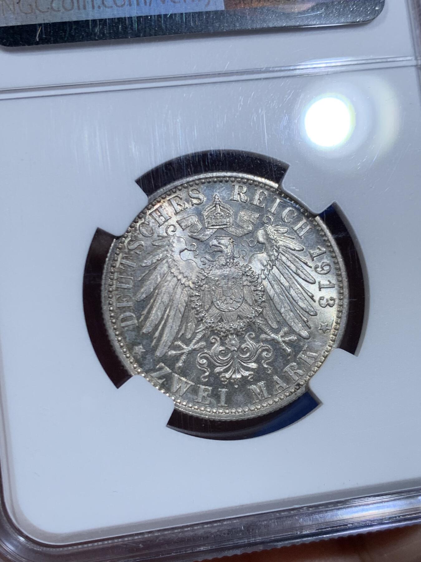 《竞宝斋》第447场 周日，周一，2场连拍 （全场包邮） NGC MS64  德国 1913F 符腾堡威廉二世长翅流通2马克银币 PL底板 转光犀利