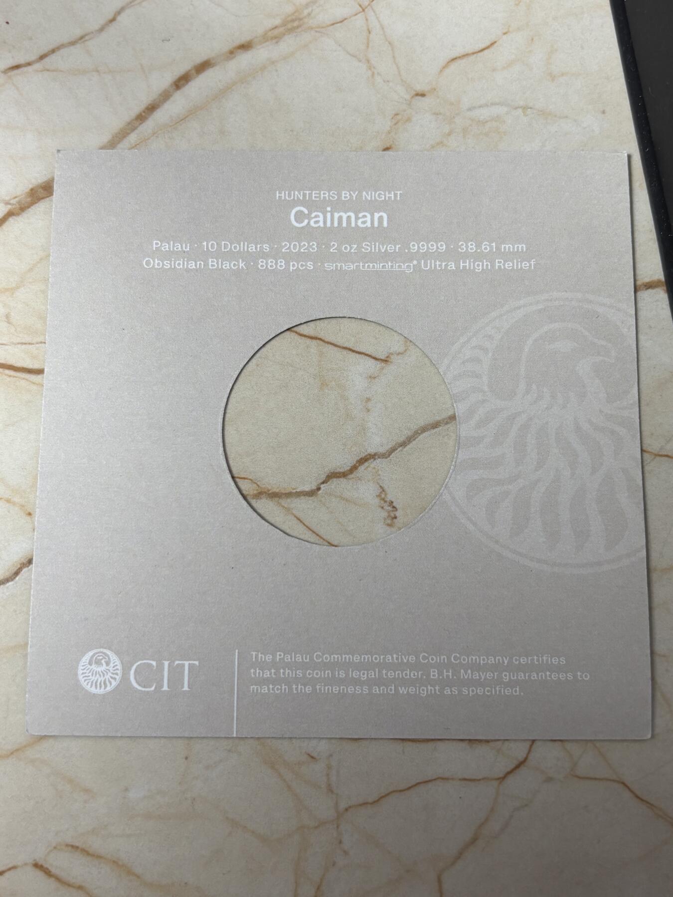 第186期拍卖 帕劳2023年夜间猎人系列凯门鳄曜石黑2盎司彩银币，9999银，发行量888枚