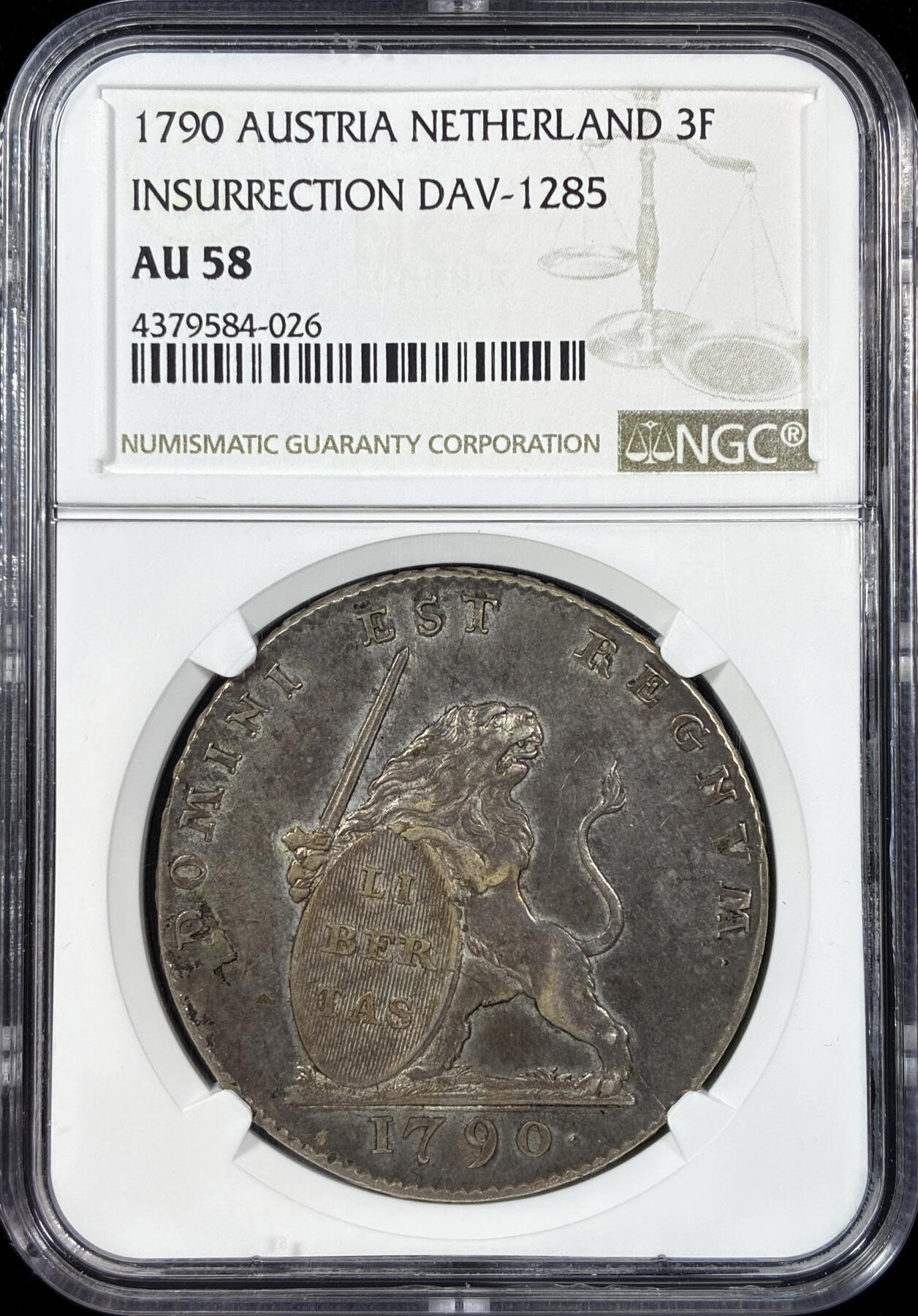 【雨安】【直播拍卖】【世界币章121期-评级币】2025-12-20 周六 19:30 保真 [评级欧洲] Austria 奥属荷兰 3盾 KM#50 1790年 狮子拿盾  NGC-AU58 原味欧洲淡美包浆 大名誉品种