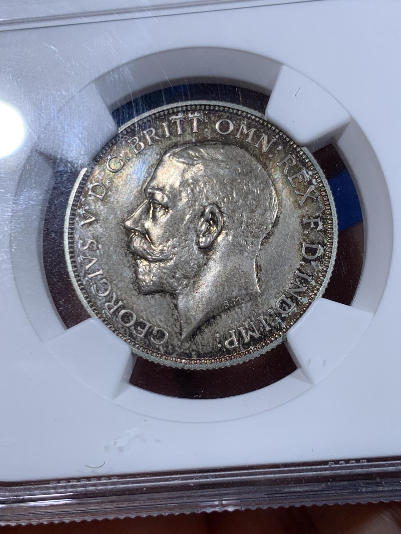 《竞宝斋》第447场 周日，周一，2场连拍 （全场包邮） NGC PF67 英国 1911年 乔治五世精制1弗洛林银币 英系经典品种，镜面效果好，尤其背面，黄绿包浆，少见彩系，非常漂亮