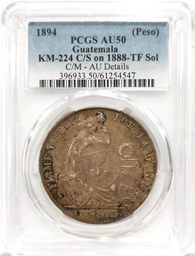 博洋堂世界钱币拍卖第153期（全场包邮） - PCGS AU50 危地马拉1894年1比索加盖银币，加盖在秘鲁1888年1索尔银币上，美洲热门加盖品种，原味有分难得