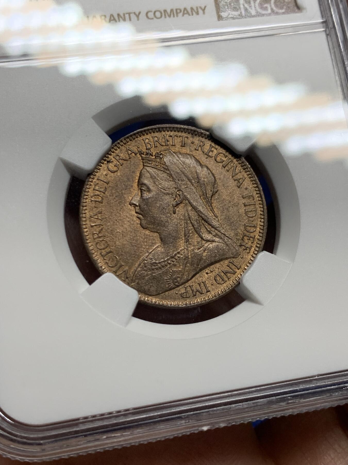 《竞宝斋》第447场 周日，周一，2场连拍 （全场包邮） NGC MS63RB 英国1901年1/2便士铜币，维多利亚披纱头像，铜光不错