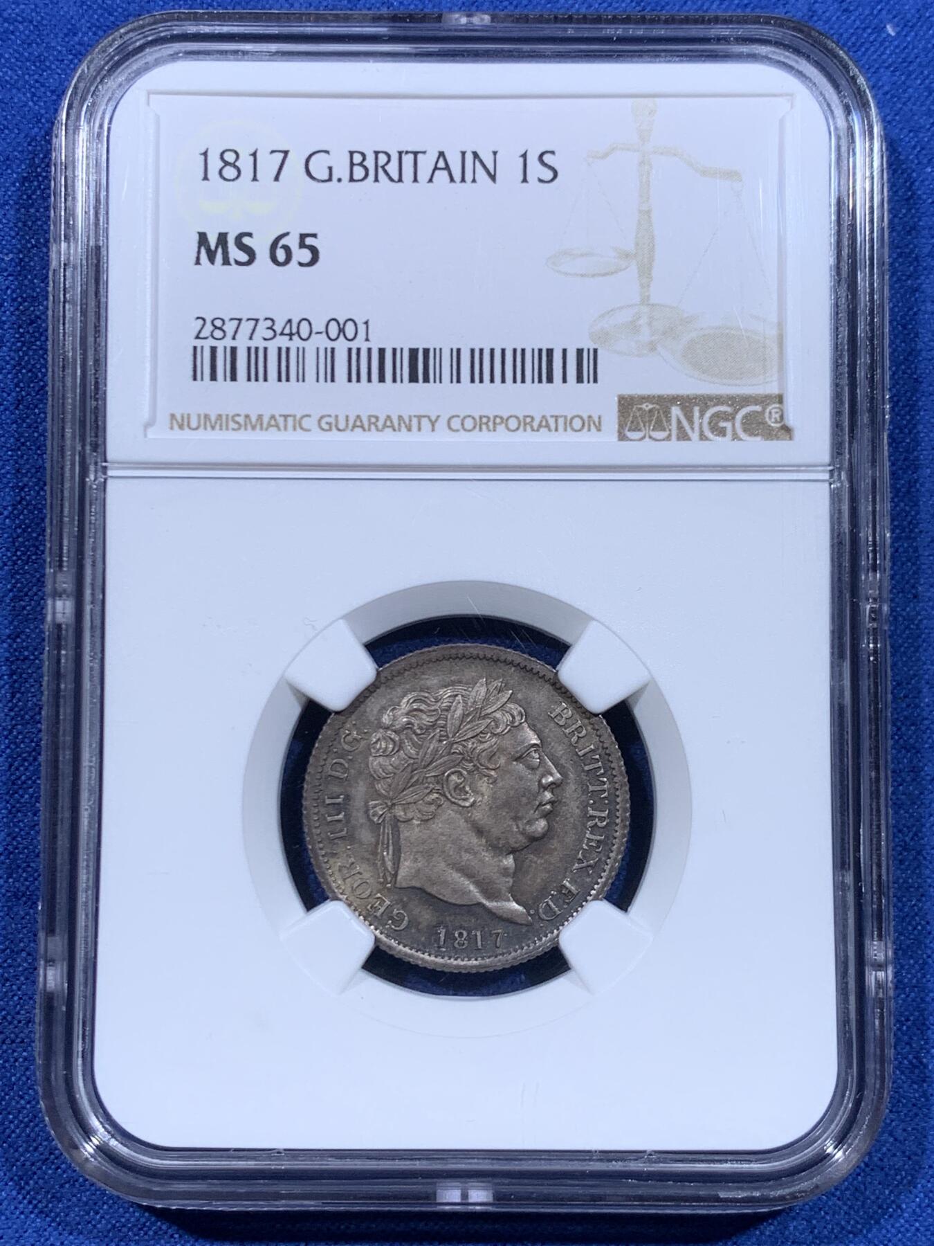 《竞宝斋》第447场 周日，周一，2场连拍 （全场包邮） NGC MS65 英国1817年乔治三世1先令银币 双面深彩包浆 高点保存得很好