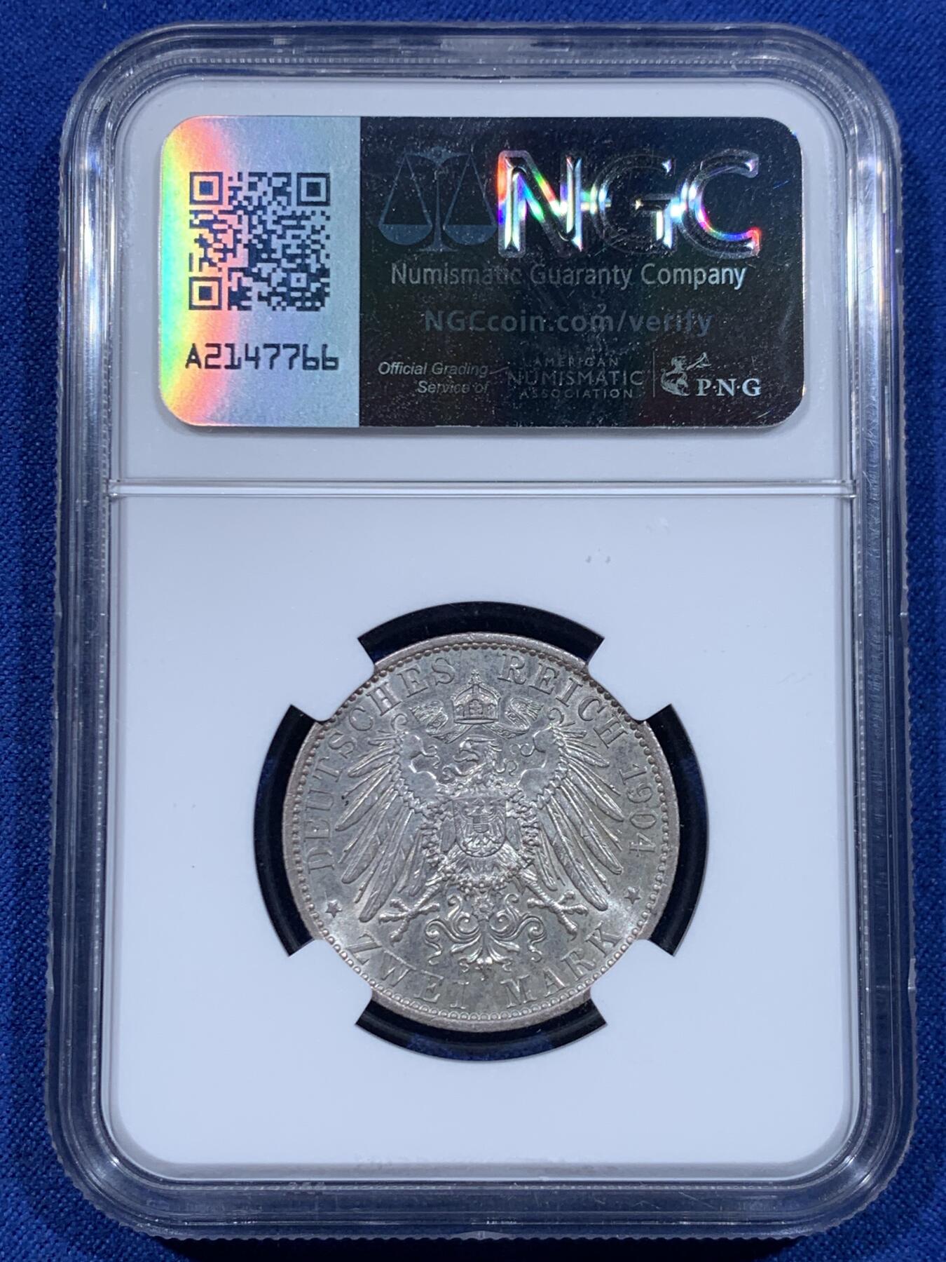 《竞宝斋》第447场 周日，周一，2场连拍 （全场包邮） NGC UNCD 德国 1904年 威廉二世皇帝 2马克 银币