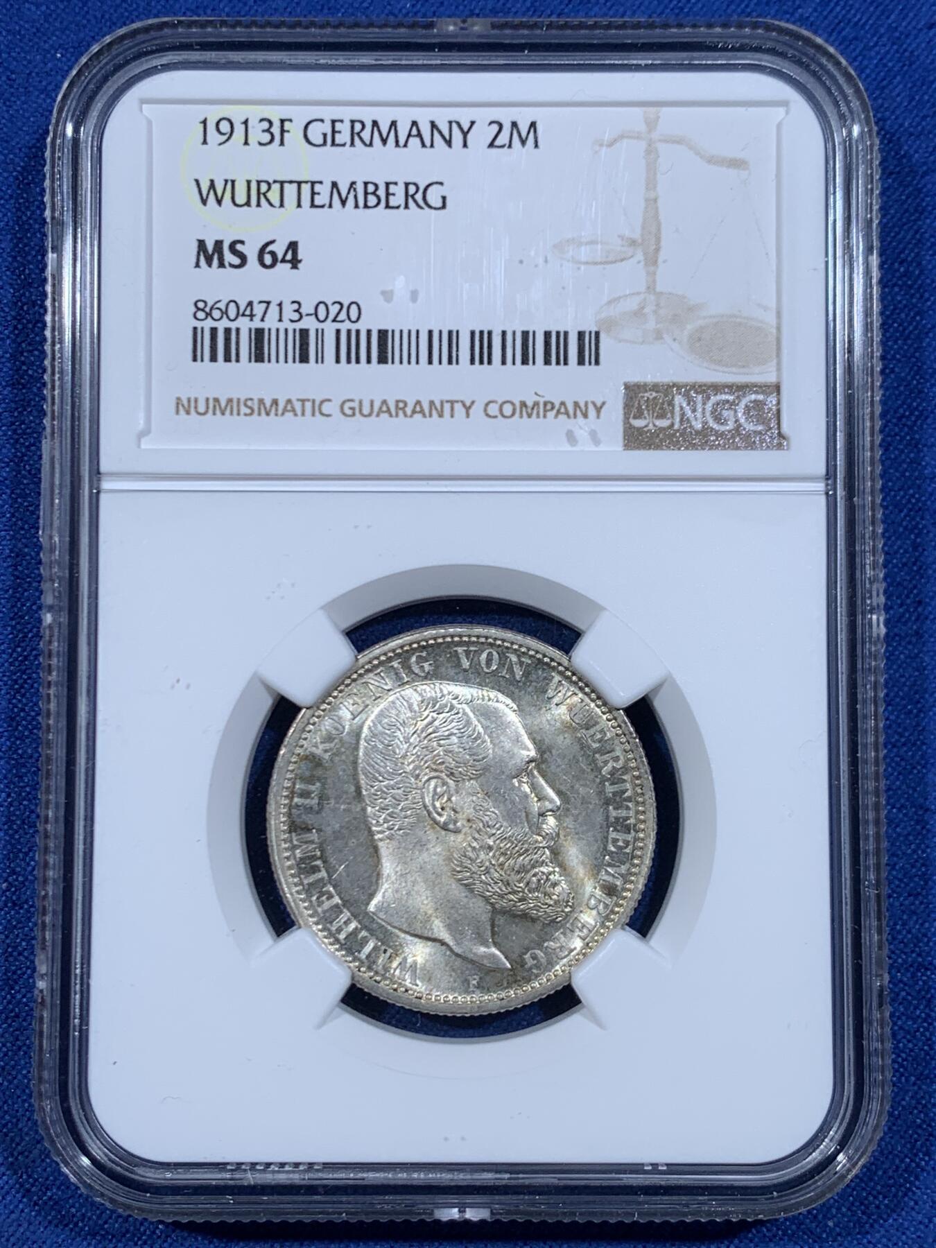 《竞宝斋》第447场 周日，周一，2场连拍 （全场包邮） NGC MS64  德国 1913F 符腾堡威廉二世长翅流通2马克银币 PL底板 转光犀利