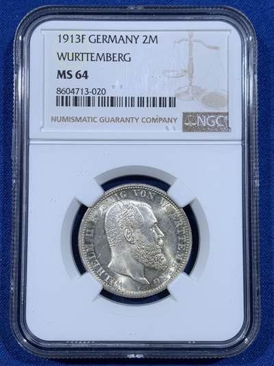 《竞宝斋》第447场 周日，周一，2场连拍 （全场包邮） - NGC MS64  德国 1913F 符腾堡威廉二世长翅流通2马克银币 PL底板 转光犀利