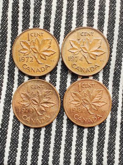 加拿大1分枫叶铜币4枚不重复 分币 硬币 收藏  1972/1974/1979/1980 - 加拿大1分枫叶铜币4枚不重复 分币 硬币 收藏  1972/1974/1979/1980