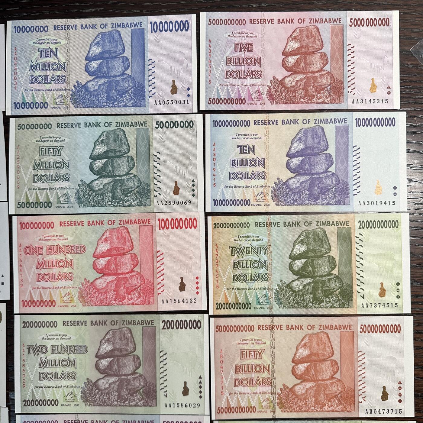 蒂克钱币-第51场 外国平价纸币最后一场 津巴布韦通货膨胀时期 纸币 一组 全新（有月牙痕）