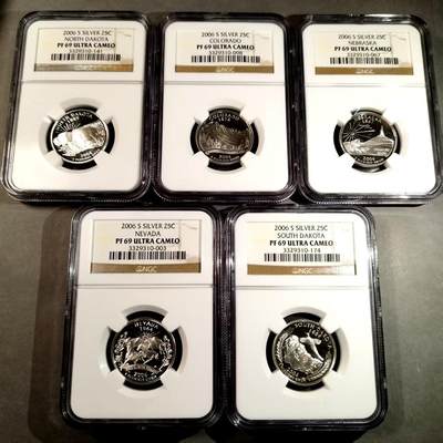 长老汇蛇年精选第八十一场拍卖 - 美国2006年州币系列5枚，精制纪念银币   全部都是NGC PF 69 UC ，非常精美的一组。含总统山，万马奔腾等高颜值币。内华达州，南达科他州，北达科他州，科罗拉多州，内布拉斯加州