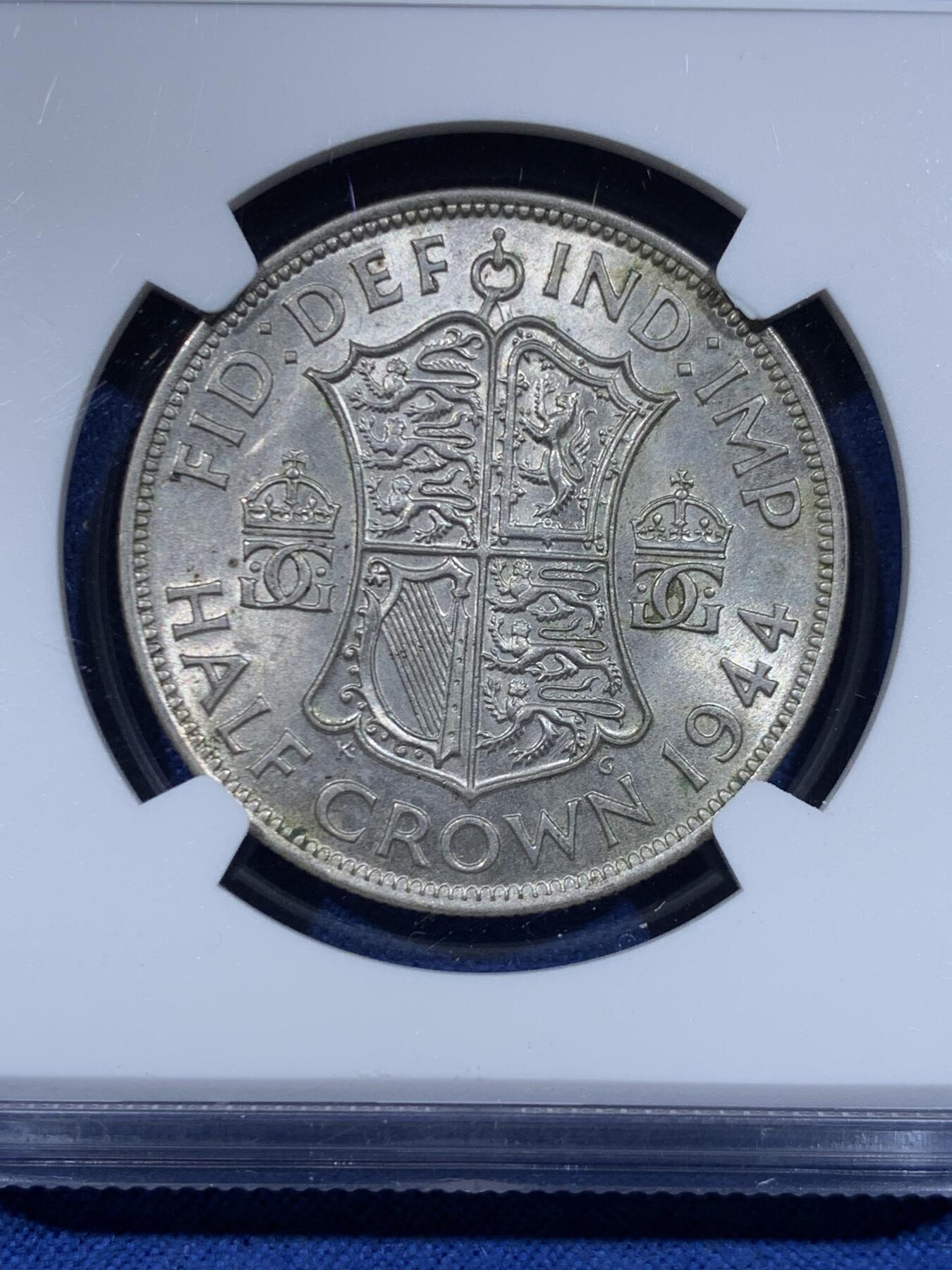 《竞宝斋》第447场 周日，周一，2场连拍 （全场包邮） NGC MS63 英国1944乔治六世半克朗银币，转光流利品相好，不容错过的状态